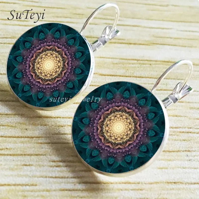 SUTEYI винтажные DIY стеклянные мандалы Лотос художественные серьги символ буддизм дзен, йога хна серьги для женщин ювелирные изделия