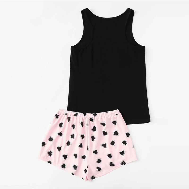 SweatyRocks топ с буквенным принтом и шорты с завязками на талии пижамный комплект Kawaii пижамы без рукавов для женщин летние эластичные пижамные комплекты