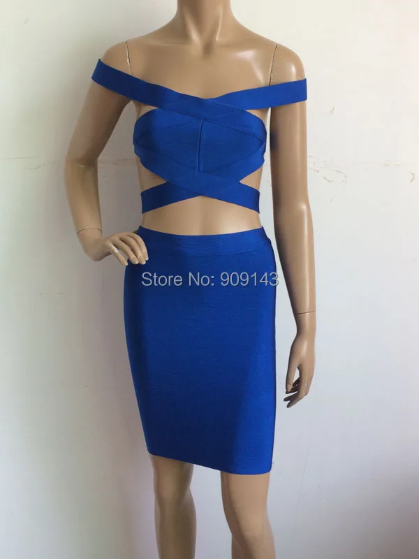 two pieces wholesale HL026 new arrival blue thick rayon bandage dress high quality knee length women | Женская одежда