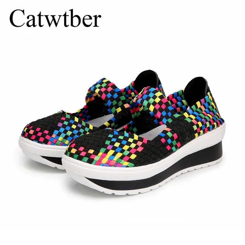 Catwtber красочные увеличить осень женская повседневная обувь слипоны Тканые