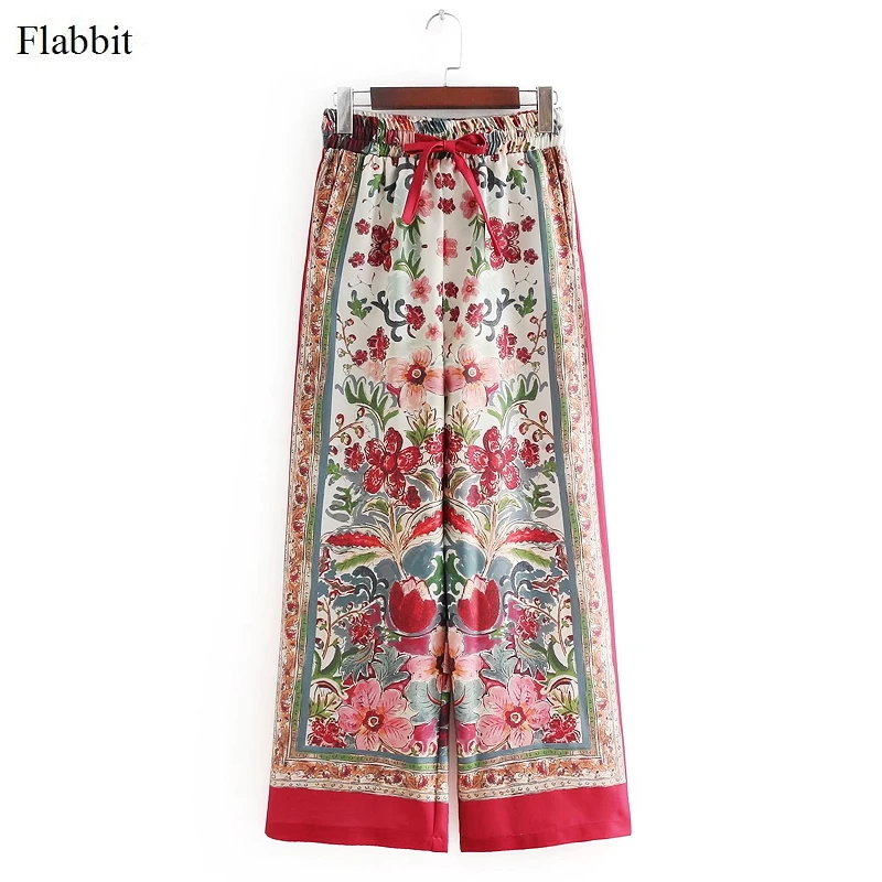 Flabbit женские цветные с цветочным принтом бантом Пояса Штаны дамы с эластичной талией широкие брюки свободные штаны повседневные винтажные брюки P014