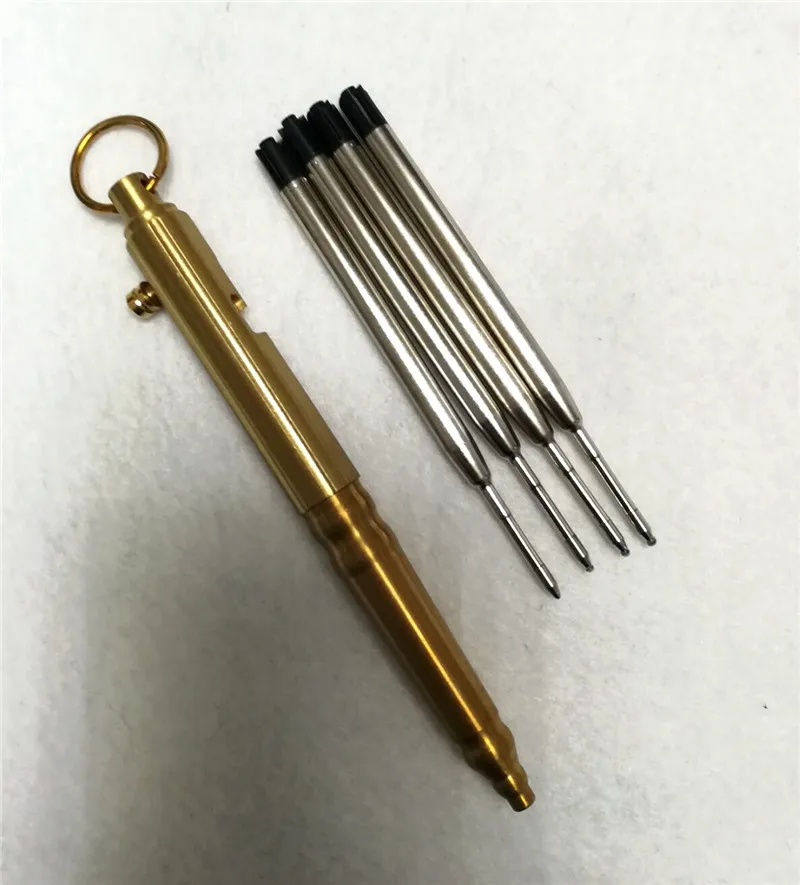 pen with 4pc Refill Твердая латунь EDC Болт действие Шариковая ручка унисекс тактические ручки Золотой Металл медный брелок аксессуары цепочки для ключей подарок на Хэллоуин - Цвет: pen with 4pc Refill