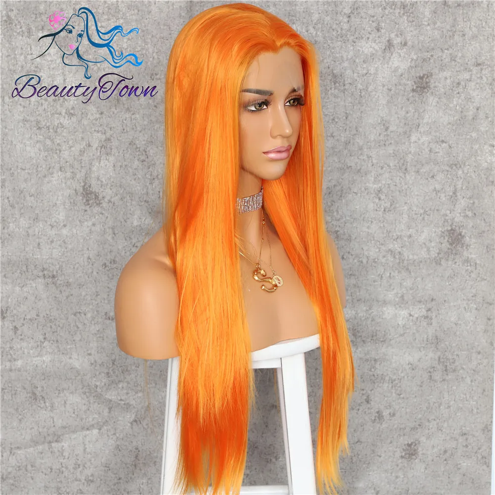BeautyTown HandTied оранжевый красный 1B белый термостойкие прямые Косплей Знаменитости Девушка Свадебная вечеринка синтетический парик на кружеве