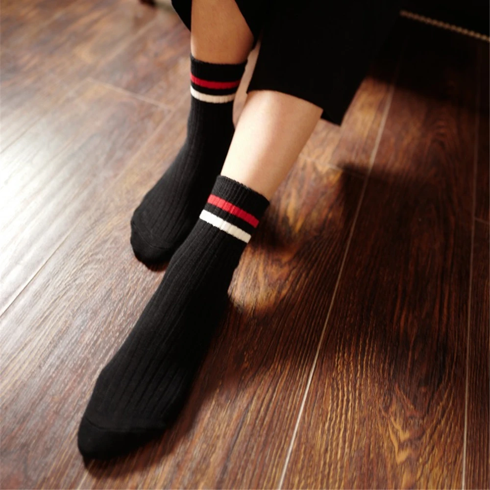 Women's fashion trend cotton white socks Japanese Harajuku style two bar stripes casual college wind girls wild breathable | Женская