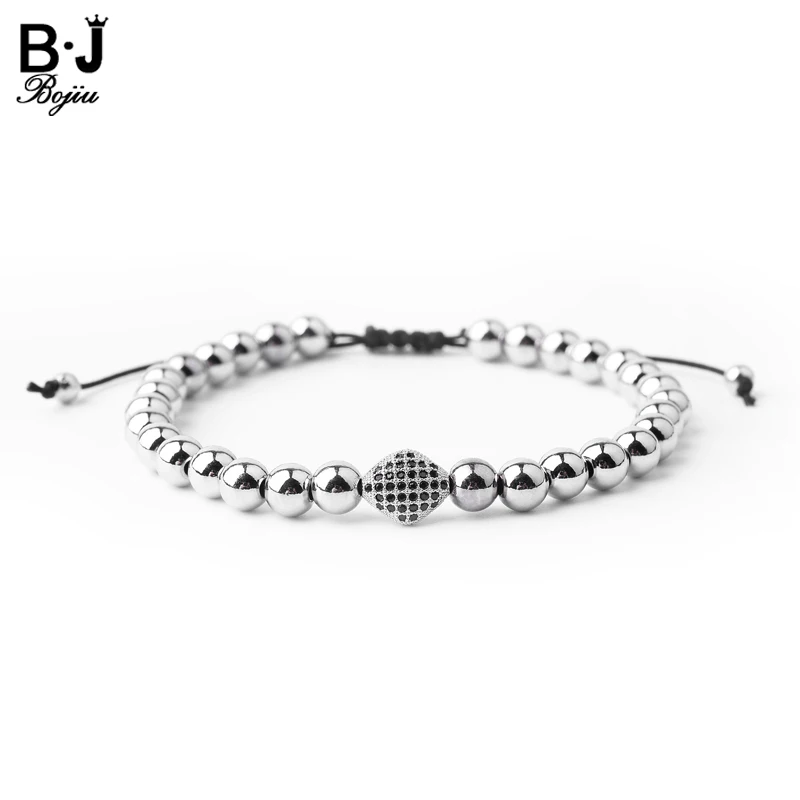 BOJIU Bracelet Men Silver Color Jewelry Strand Braided 6mm Pave Bead Women Black Mirco Zircon Knotted MBC24 | Украшения и
