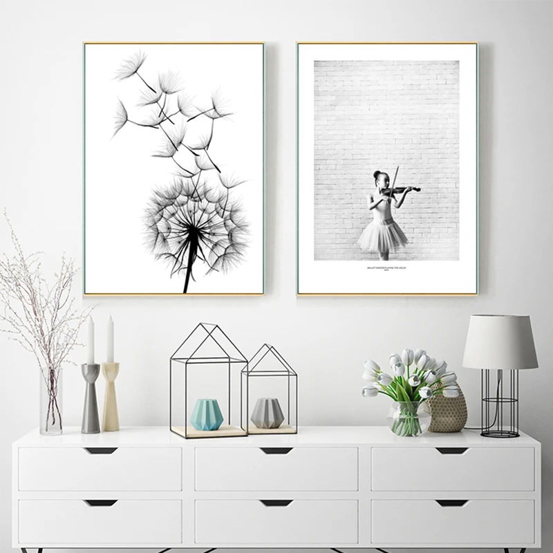 Абстрактные черно белые плакаты и принты скандинавский Одуванчик Холст