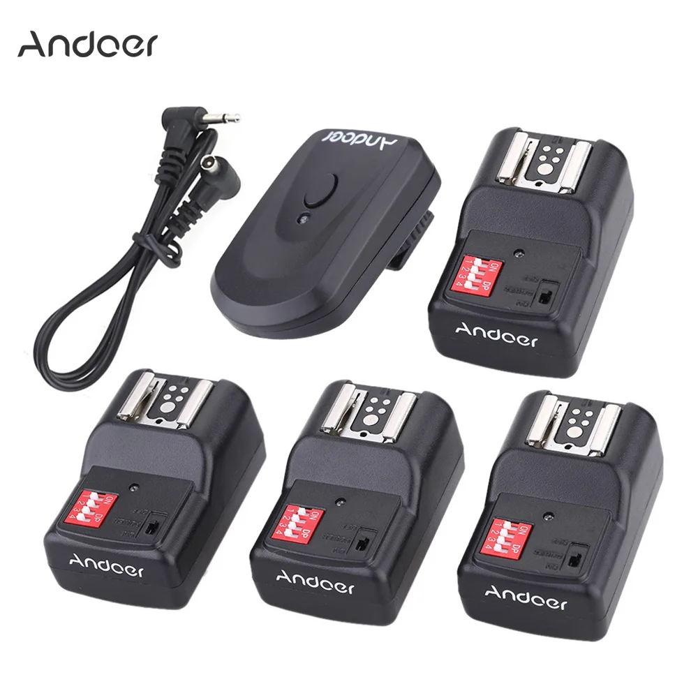 

Andoer 16 Channel Wireless Remote Flash Trigger Set 1 Transmitter + 4 Receivers + 1 Sync Cord for Canon Nikon Pentax Speedlite