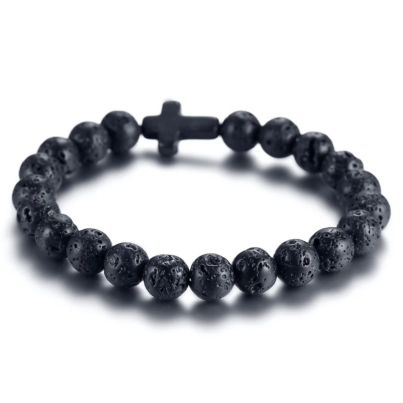 

Vnox Volcanic Energy Lava Stone Black Red Cross Charm Bracelets for Women Men Yoga Beads Couple Jewelry Stretch Pulseira