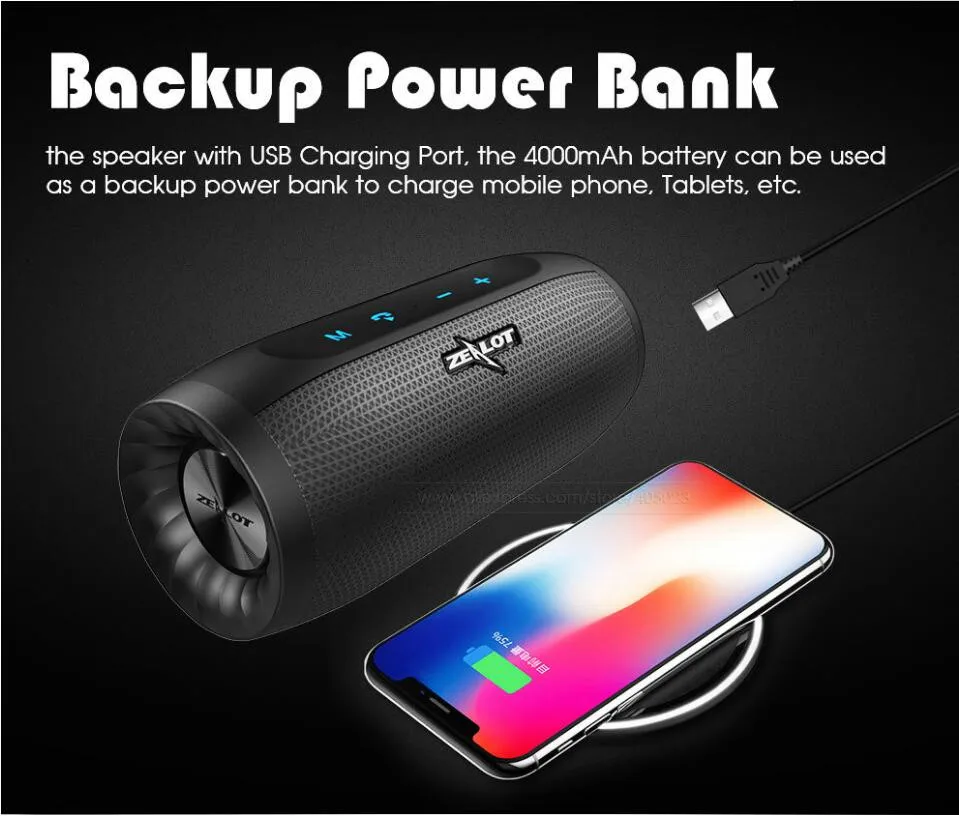 ZEALOT S16 Portable Wireless Speaker Bluetooth Soundbar Column Super Bass 3D Stereo Sound TF Card AUX 20h Play With Microphone |