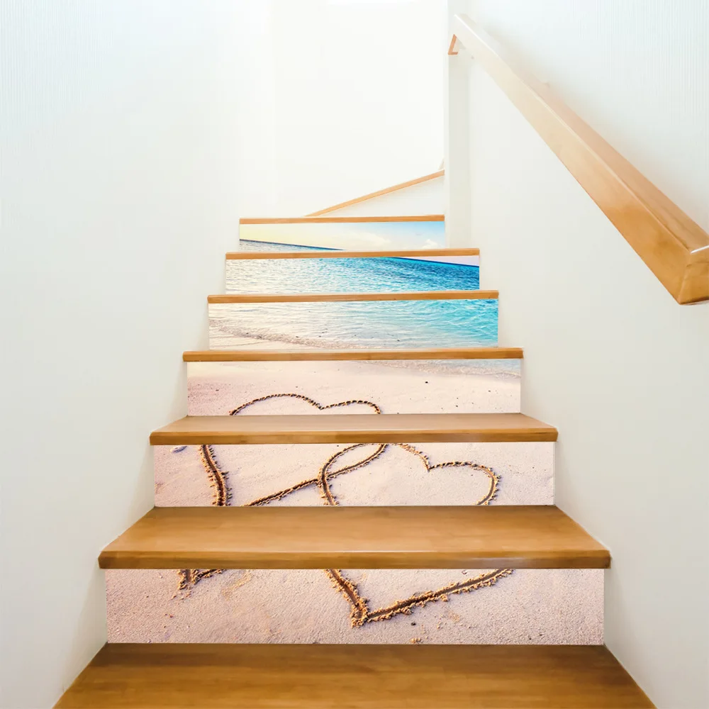 Морской пляж Двойное сердце Романтический 3D самоклеящаяся пейзаж лестницы