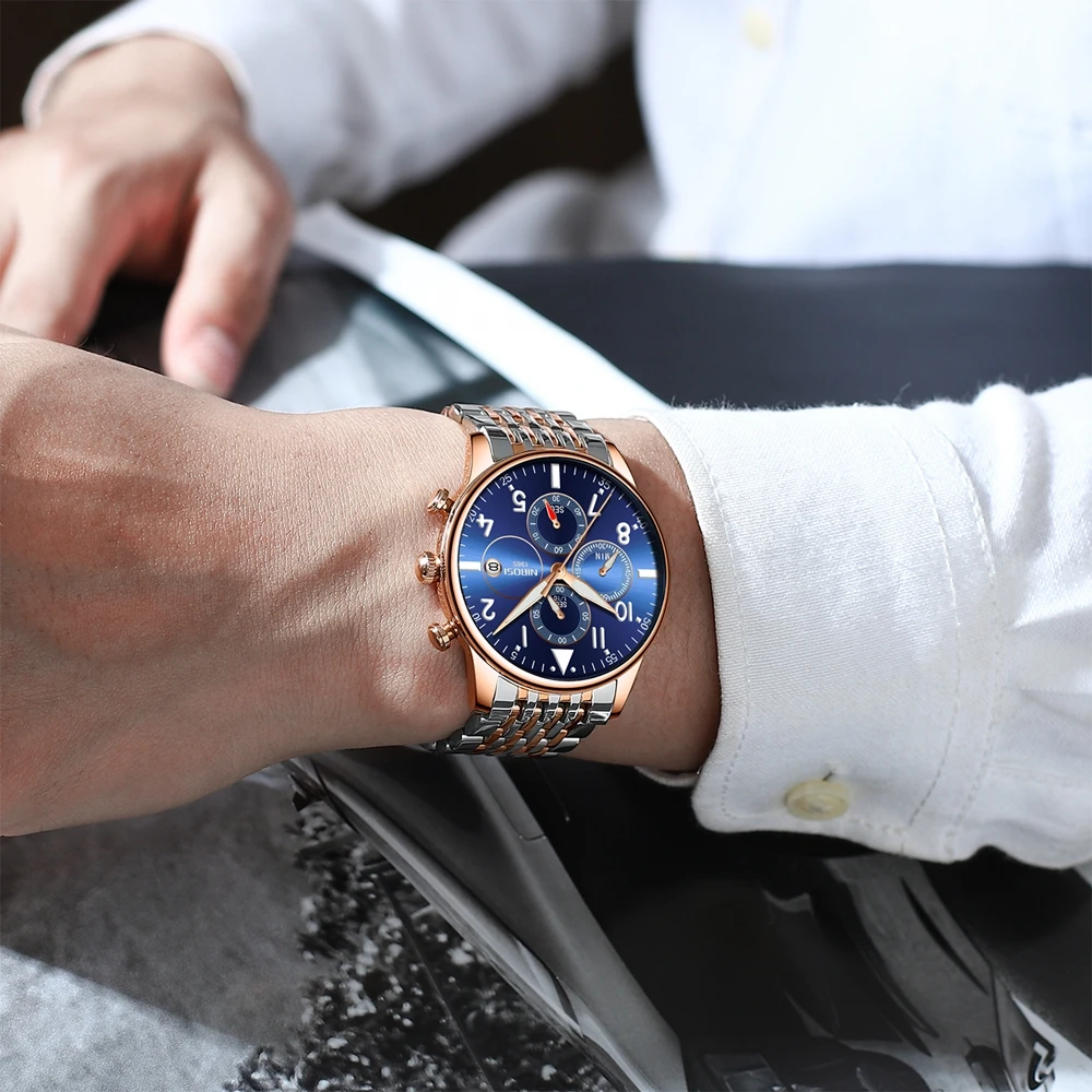 

NIBOSI Fashion Leather Luxury Watch Men Sports Waterproof Chronograph Date Analogue Black Wristwatch Quartz Watch Montre Homme