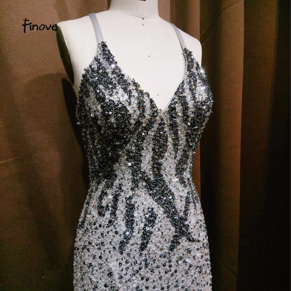 Finove Evening Dress 2019 New Design Spaghetti Strap Long With Beaded Feather Backless Elegant Gowns Party for Woman | Свадьбы и