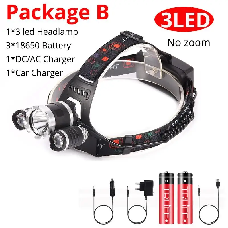 Package B Светодиодный налобный фонарь 3 x XML T6 светодиодный налобный фонарь на выбор зарядное устройство для кемпинга/охоты/рыбалки - Испускаемый цвет: Package B