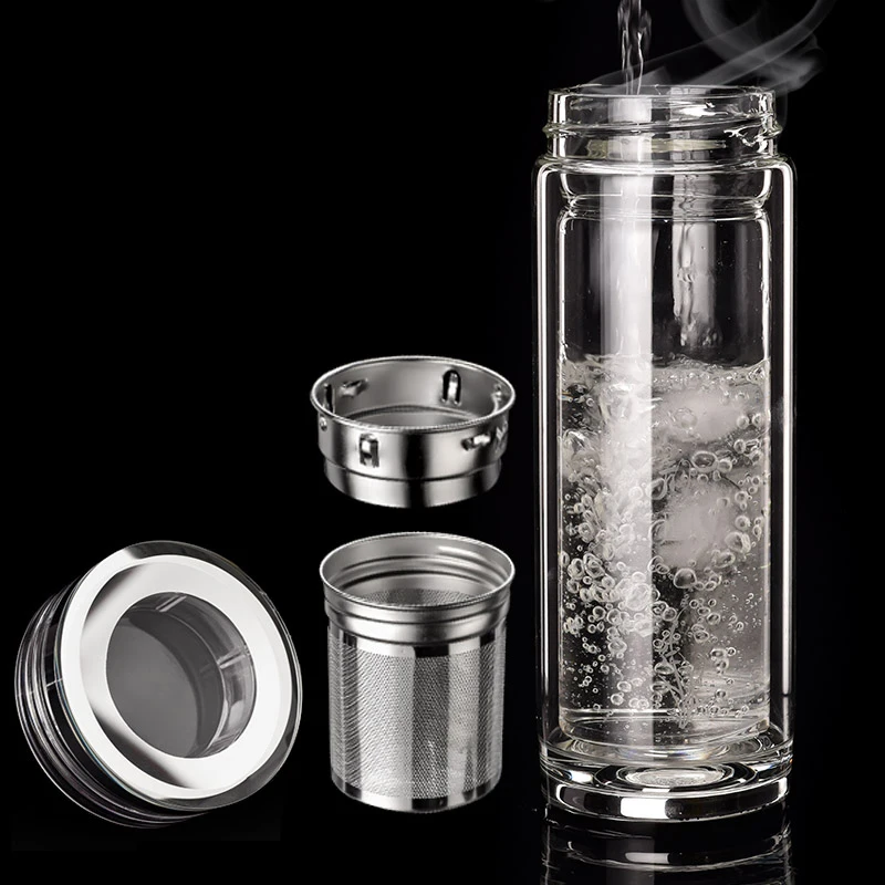 

New Style Crystal Glass Water Bottle Clear Double-deck Sport Tumbler with Stainless Steel Filter Teacup Office Coffee Tea Bottle