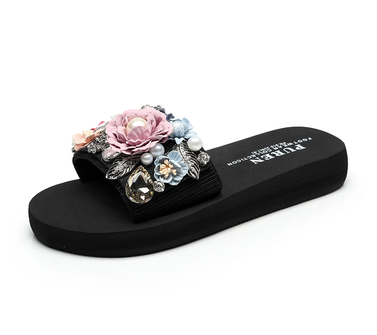 heel height 3cm pink Vertvie/повседневные женские шлепанцы; модная женская обувь на высоком каблуке, украшенная цветами и жемчугом; пляжные шлепанцы без задника - Цвет: heel height 3cm pink