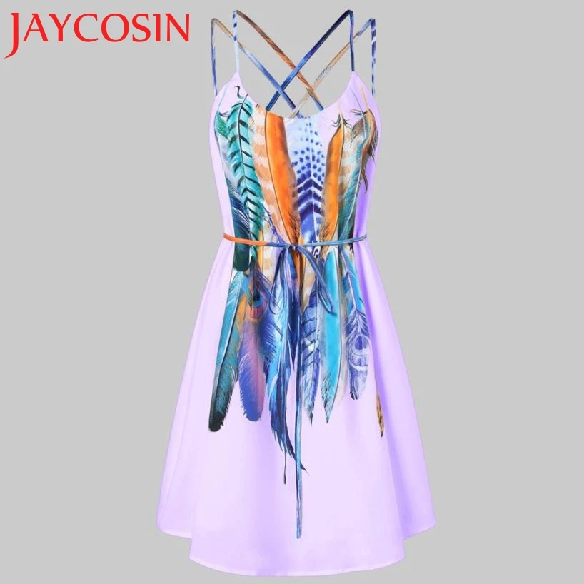 2018 женское Повседневное платье с рисунком перьев на бретельках 30 июля|Женские