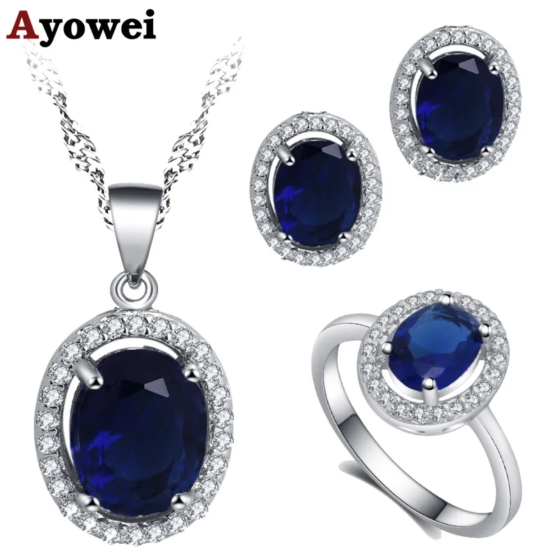 Ayowei high end 925 Серебряный темно синий Цирконий Серьги/ожерелье/Кольцо/комплект