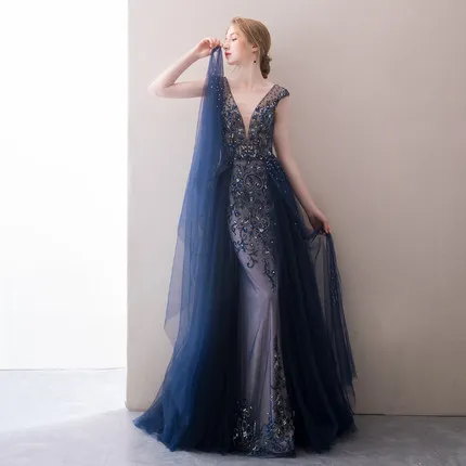 

Gorgeous Rhinestone Royal Blue Sexy Deep V Neck Evening Dresses Sleeveless Backless Vestidos Dubai Prom Dress Detachbale Train