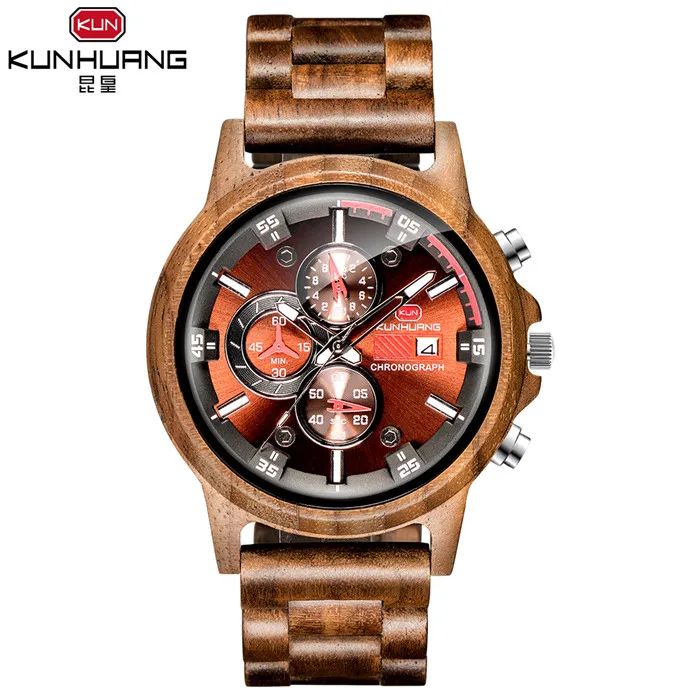 KUNHURNG Ebony деревянные часы Роскошные стильный деревянный часы Хронограф Военная Униформа кварцевые часы в Подарочная коробка из дерева - Цвет: walnut