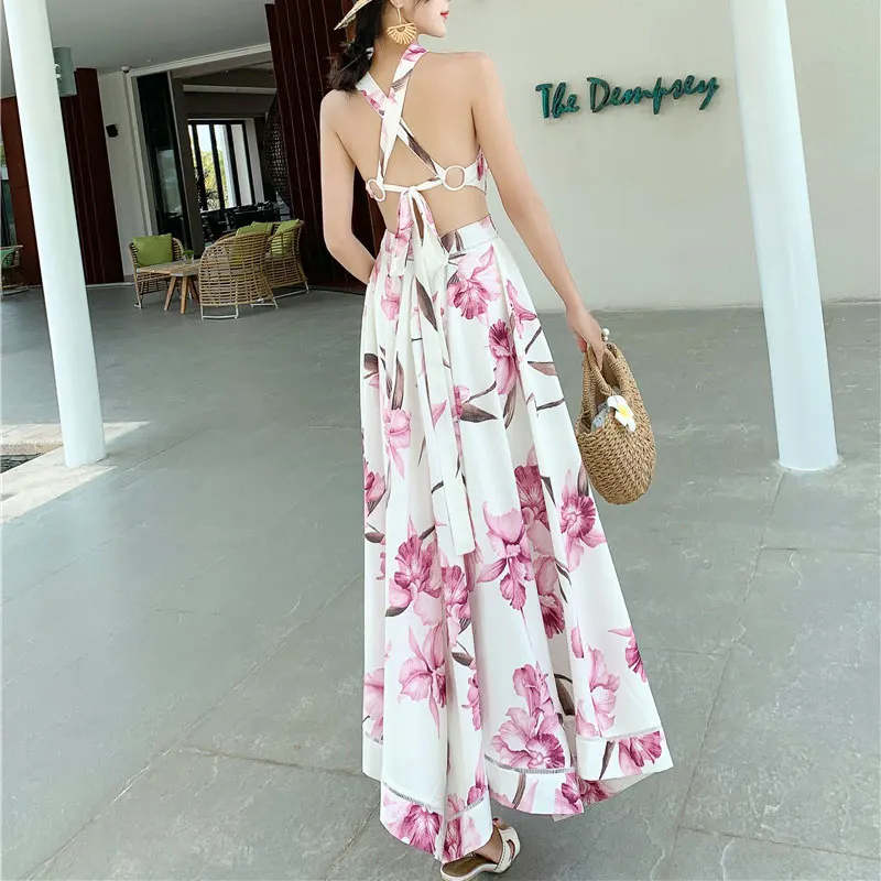 Женское розовое платье макси с цветочным принтом летнее вырезом на шее и