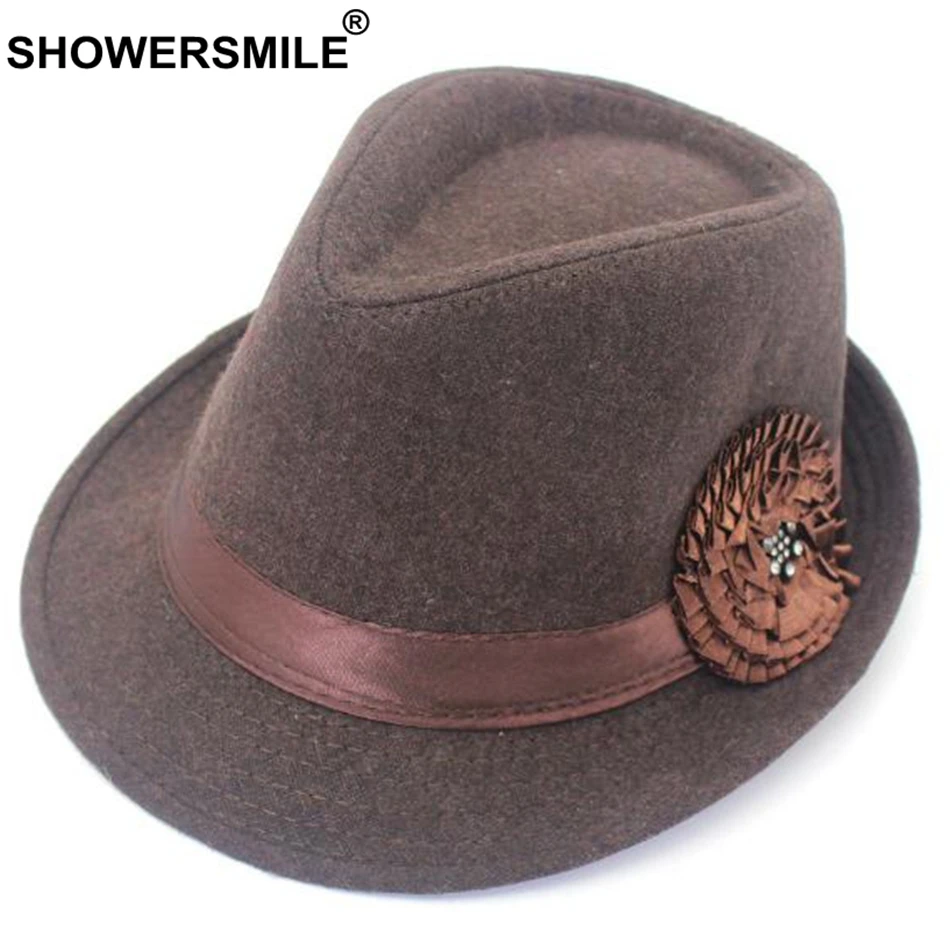 SHOWERSMILE, красная женская шляпа-федора, шерсть, цветок, элегантная джазовая шляпа, Женский Btitish стиль, винтажная осенне-зимняя фетровая шапочка, новая мода - Цвет: Coffee Hat