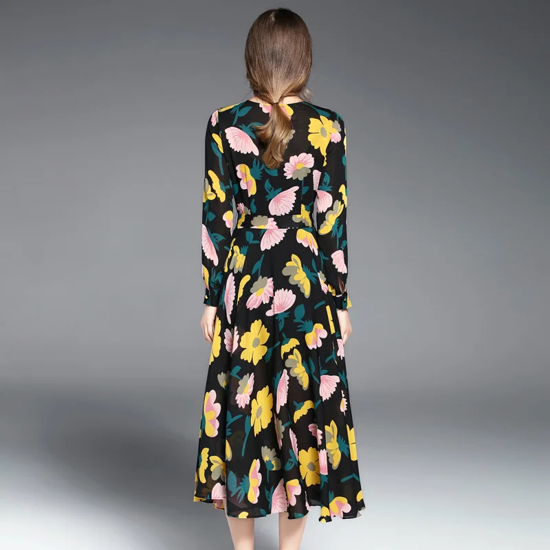 Длинные платья весна Новинка 2017 Повседневное с длинными рукавами и принтом