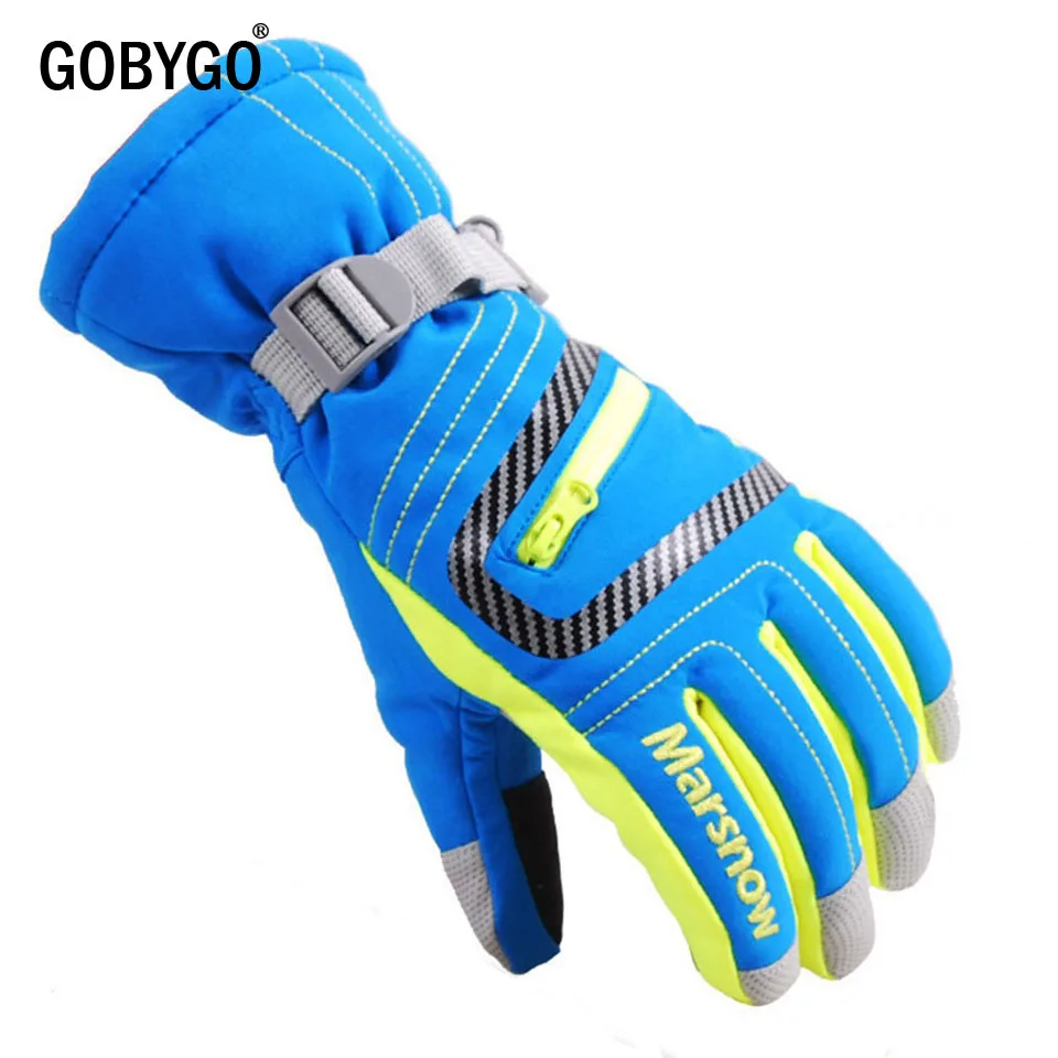 Blue GOBYGO мужские, женские, детские лыжные перчатки водонепроницаемые теплые перчатки для велоспорта, хоккея зимние спортивные перчатки для катания на лыжах, сноуборде - Цвет: Blue