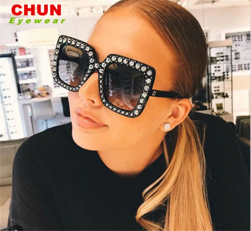 CHUN, Хрустальный обод для девушек, женские солнцезащитные очки, ретро бренд, дизайнерские квадратные большие солнцезащитные очки, алмазный камень, UJV400 N181