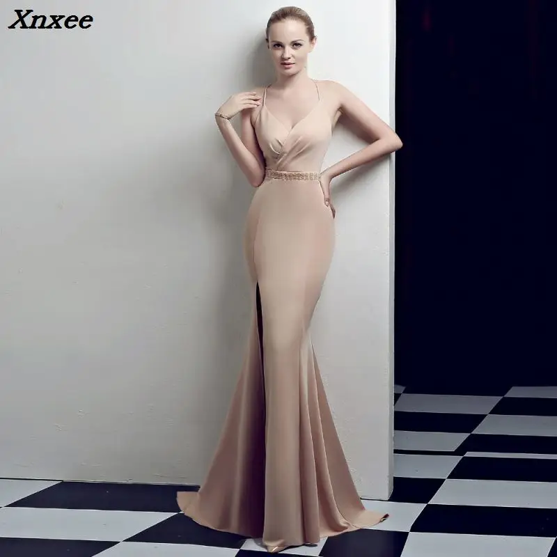 Женское вечернее платье русалка длинное Клубное цвета шампанского с открытой