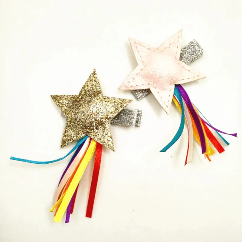 

12pcs/lot Non Slip Cotton Inside Glitter Star Tassels Hair Clips Gold Pink Star with Sparkly Silver Hairpin Barrette Party Gifts