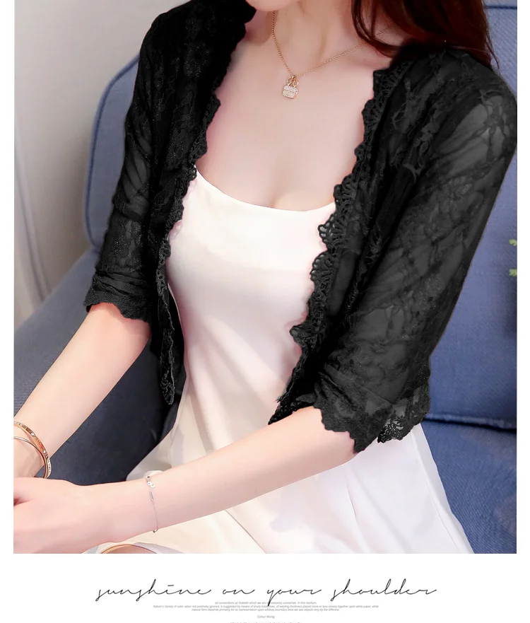 Carol Diaries 2019 Women Basic Coat Embroidery Half Sleeve Cardigan See-Through Sheer Lace Mesh Bolero Top Jacket 5 Colors |