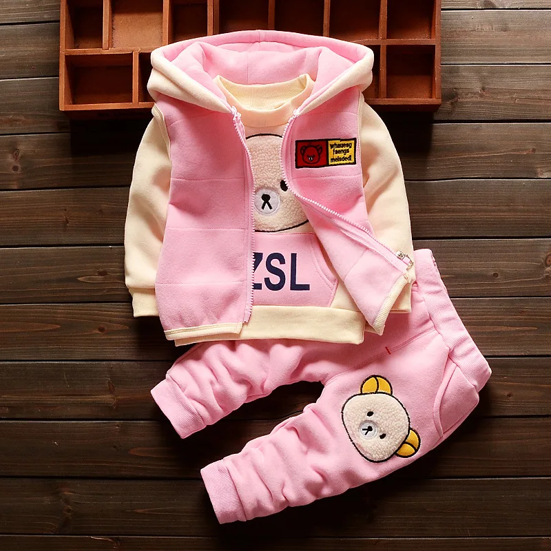 Baby Girl Winter Clothes Hot Sell Cartoon Bear Hooded Vest + Full Sleeved T-shirts Tops Pants Outfits Kids Bebes Jogging Suits | Детская