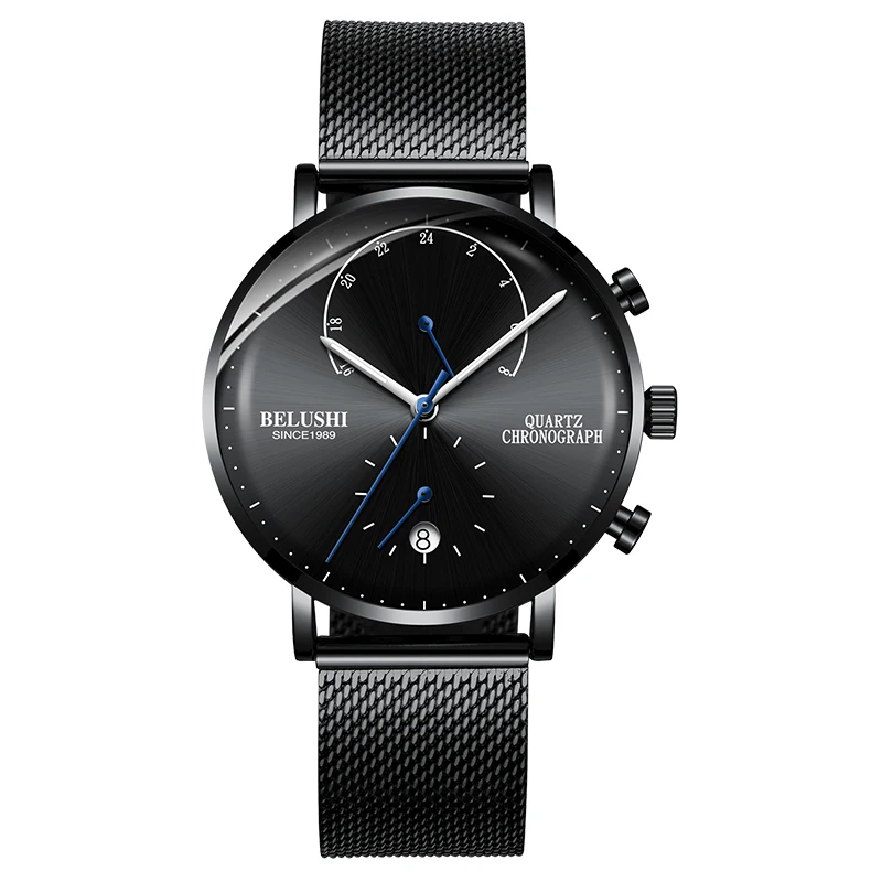black black mesh Мужские деловые наручные часы, мужские часы с хронографом, роскошные Брендовые мужские часы, кварцевые наручные часы, мужские наручные часы - Color: black black mesh