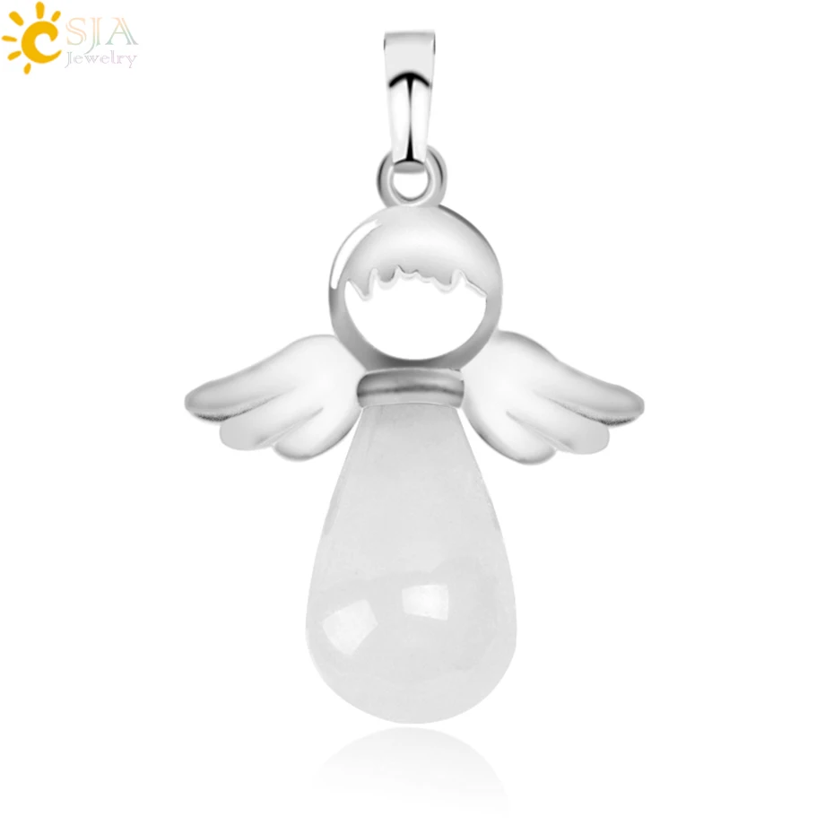 White Crystal CSJA, натуральные камни, ангелы, крылья, подвеска для ожерелья, розовый кварц, Ониксовые подвески, серебряный цвет, капля воды, Женские Ювелирные изделия, подарок E949 - Окраска металла: White Crystal