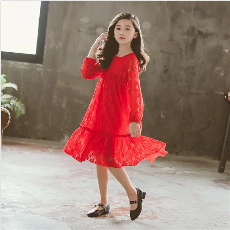 Autumn Dresses Girls 2019 New White Black Red Lace Long Sleeve Dress For 4 to 12 Years Sweet Fashion Fall Clothing | Детская одежда и