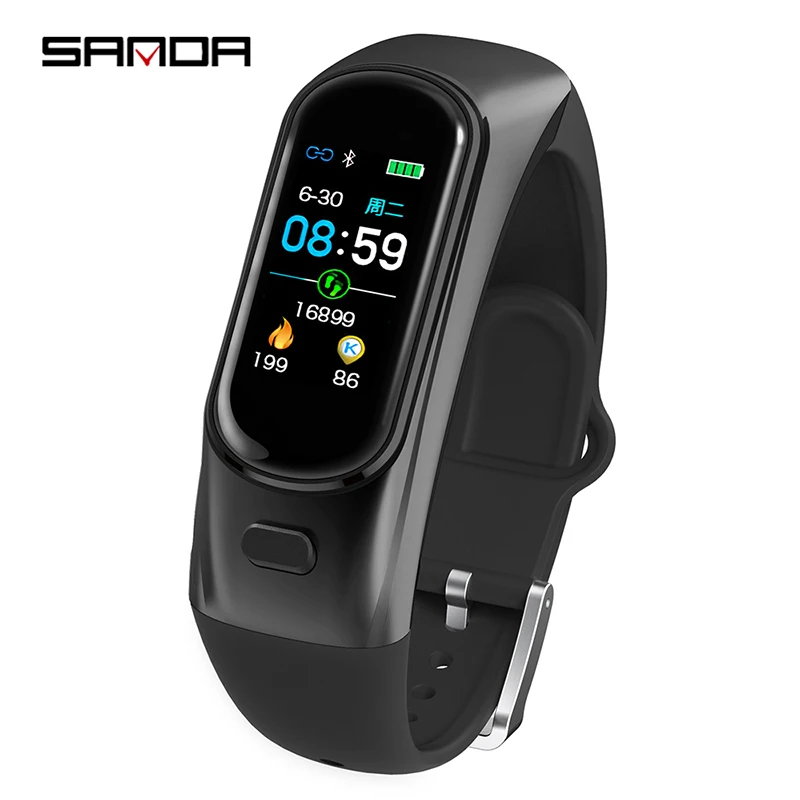 SANDA H109, Смарт-часы, гарнитура, мужские, Bluetooth, беспроводные наушники, для женщин, кровяное давление, пульсометр, умные часы, браслет - Цвет: Черный