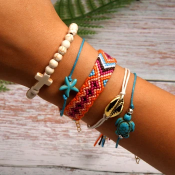 6 MOON GIRL 5 Pieces Puka Shell Bracelet Set Turtle Starfish Cross Beads Boho Weave Bracelet for Women Friendship Jewelry Dropship - Metal Color: 6