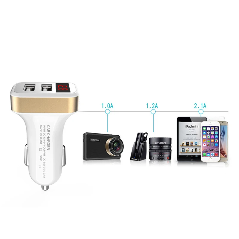 5 V 2.1A ЖК-дисплей зарядное устройство для автомобиля с двумя портами USB