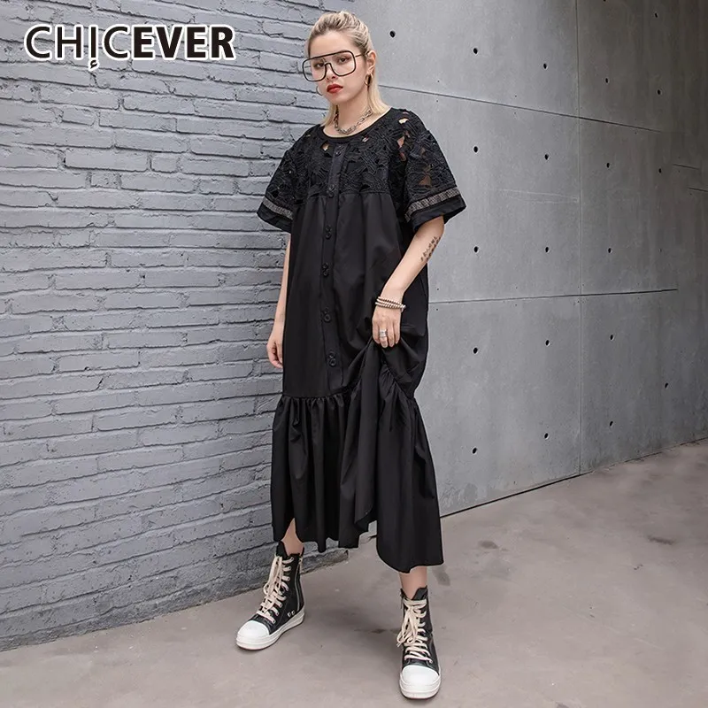 CHICEVER летнее винтажное однотонное черное кружевное Открытое платье для женщин с