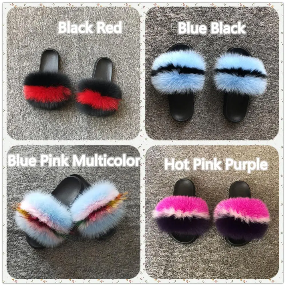 Женские шлепанцы с натуральным лисьим мехом летние пляжные сандалии