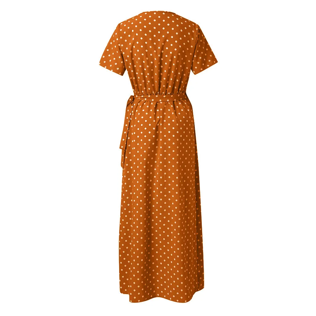 Платье женское длинное в горошек пикантное розовое с V-образным вырезом открытой