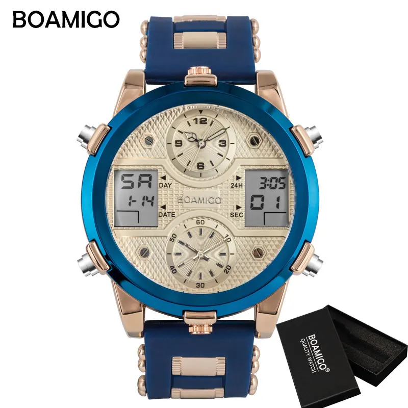 blue box BOAMIGOMen часы Топ бренд класса люкс 3 часовых поясов мужские водонепроницаемые часы спортивный хронограф кварцевые наручные часы Relogio Masculino - Цвет: blue box