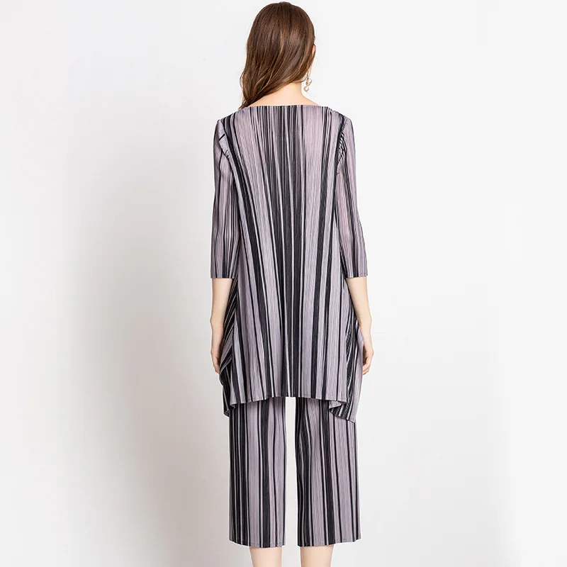 Changpleat 2018 Осенние новые женские комплекты в полоску Miyak плиссированные
