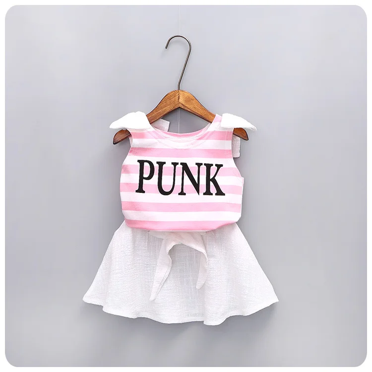 

2016 Korean Summer New Product Girl Precious Children's Garment Twinset Stripe Letter Shoulder Bow T-Shirt Short Skirt Suit