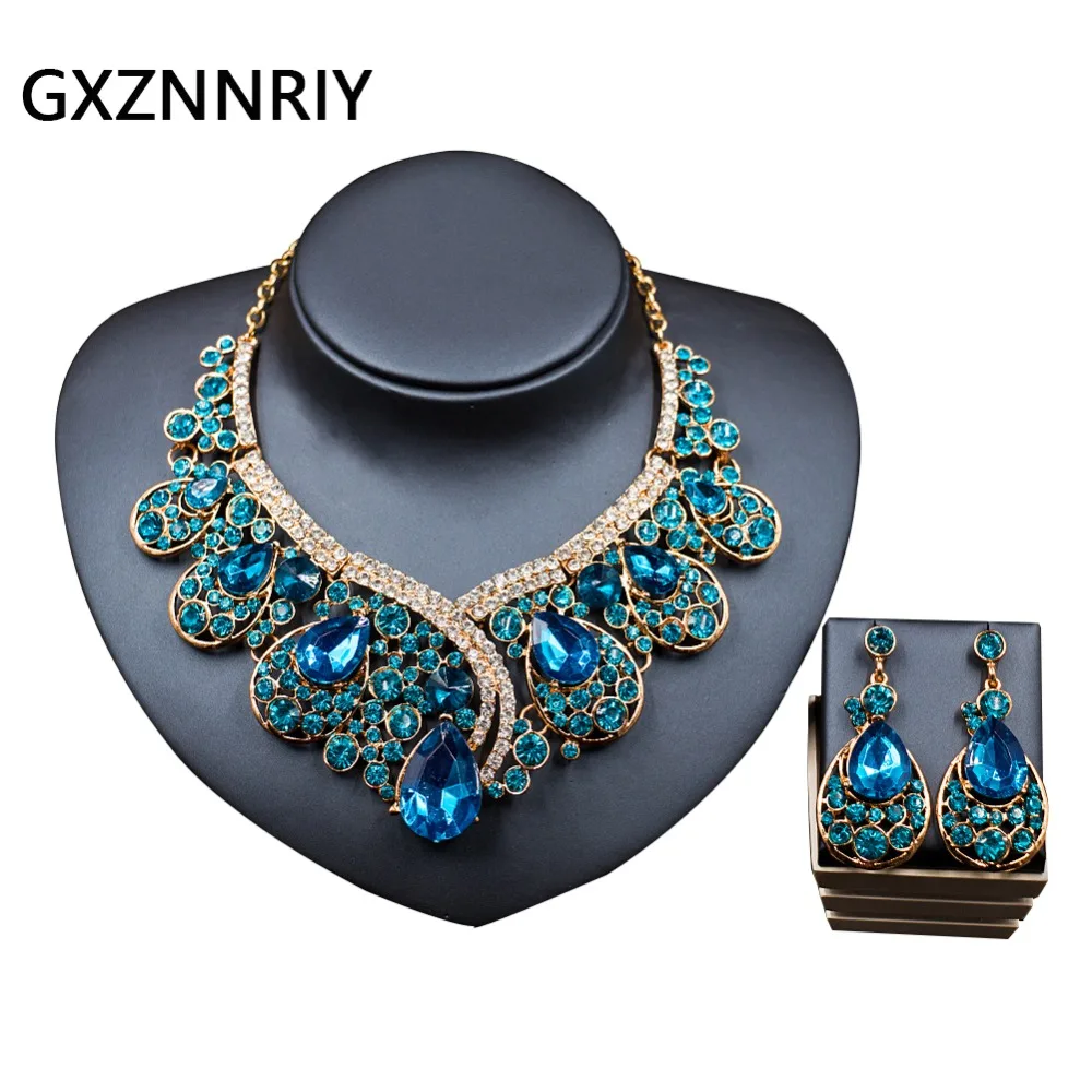 Женский комплект свадебных украшений набор из колье и сережек золотистого цвета