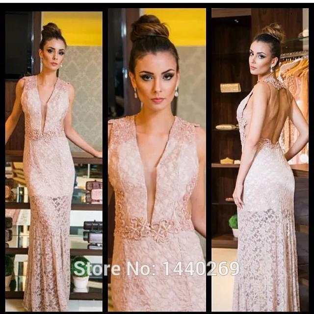 2016 Прямо Sheer V Шеи Кружева Старинные Формальный Dress Вечер Розовый Длина Пола Без
