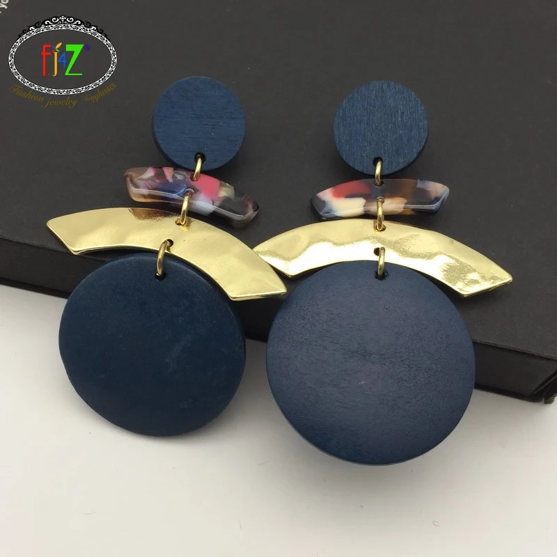 F.J4Z Original Drop Earrings for Women Fashion Gorgeous Wooden Circles Resin Arc Statement Earrings pendientes grandes mujeres