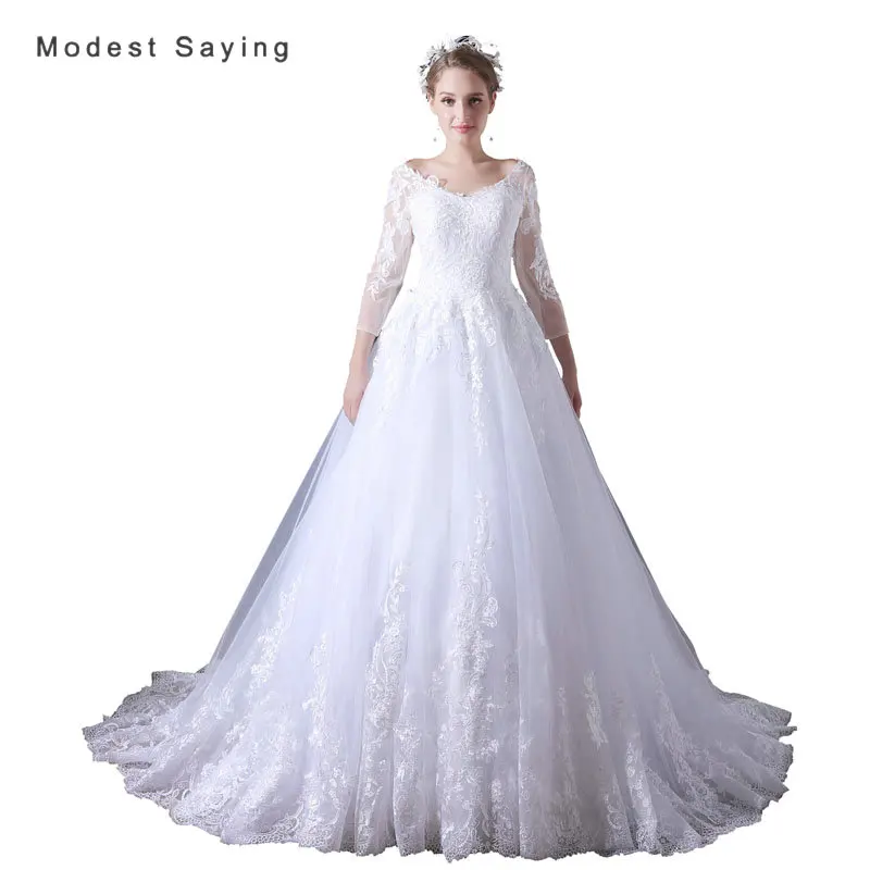 

Elegant White Ball Gown Applique Lace Wedding Dresses 2017 with 3/4 Sleeve Formal Women Long Bridal Gowns vestido de noiva A030