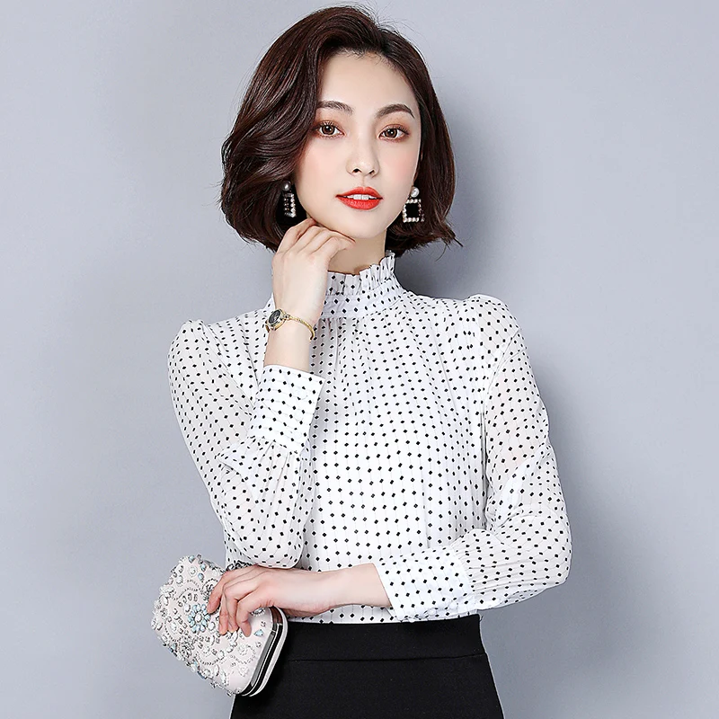 Винтажная блузка в горошек шифоновая рубашка женская с длинным рукавом