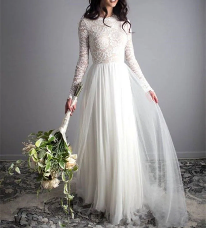 A line Boho Свадебное платье кружевное Тюлевое Длинные свадебные платья с рукавами